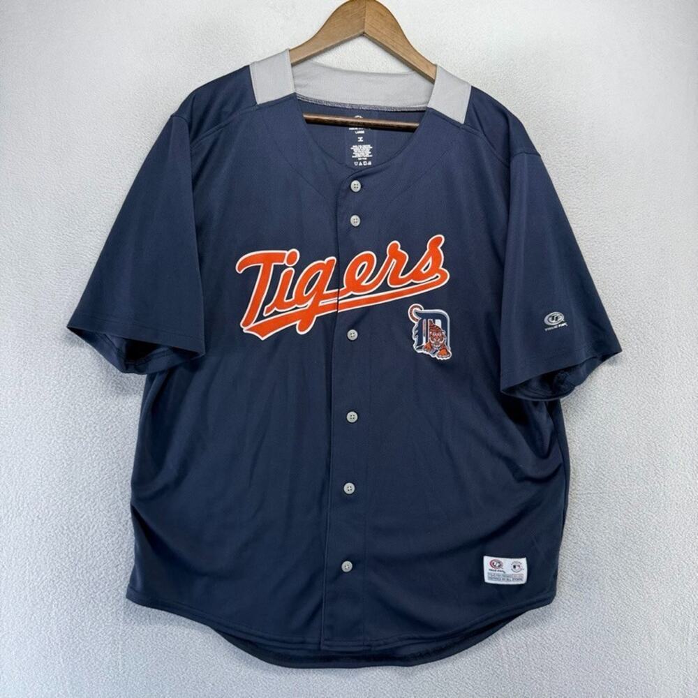 Detroit Tigers Jersey Men's Large Blue Sewn Stitched Button Lightweight True Fan